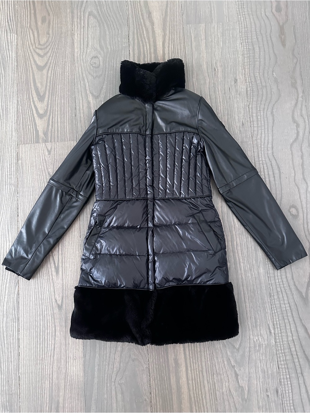 SNOWMAN New York Black Mixed-Media Down Puffer Coat with Faux Fur Trim